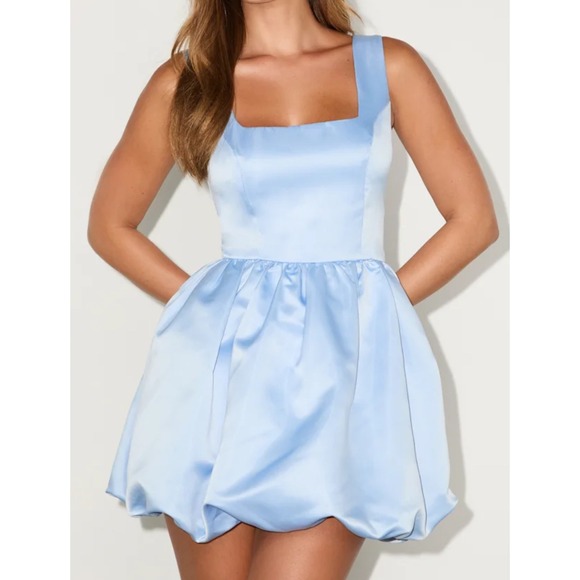 Lulus Dresses & Skirts - NWOT Lulus XXL Regal Cutie Light Blue Satin Square Neck Bubble-Hem Mini Dress
